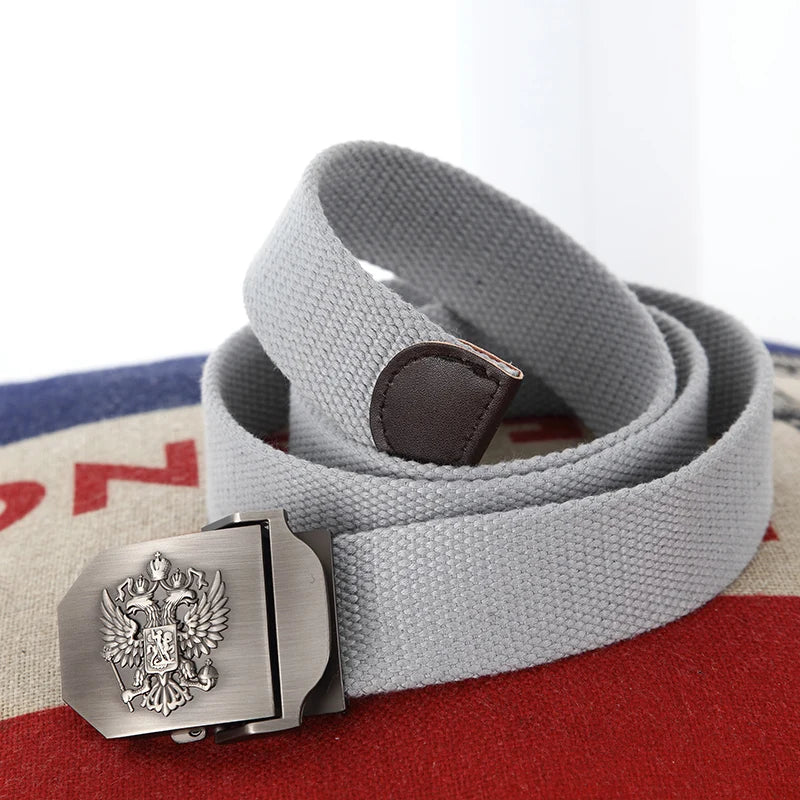 Men's Canvas Military Belt – Russian Emblem Silver Buckle