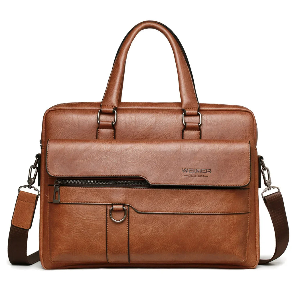Men's PU Leather Briefcase | 14" Laptop Bag with Exterior Flap Pocket