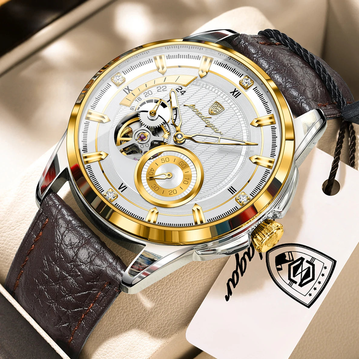POEDAGAR High Quality Luxury Men Watch Fashion Hollow Tourbillon Man Clock Automatic Mechanical Leather Men's Watches Male Reloj