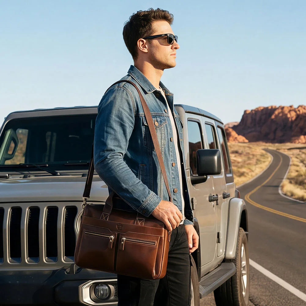 Genuine Leather Briefcase for Men — 14" Laptop Shoulder Bag with Detachable Strap