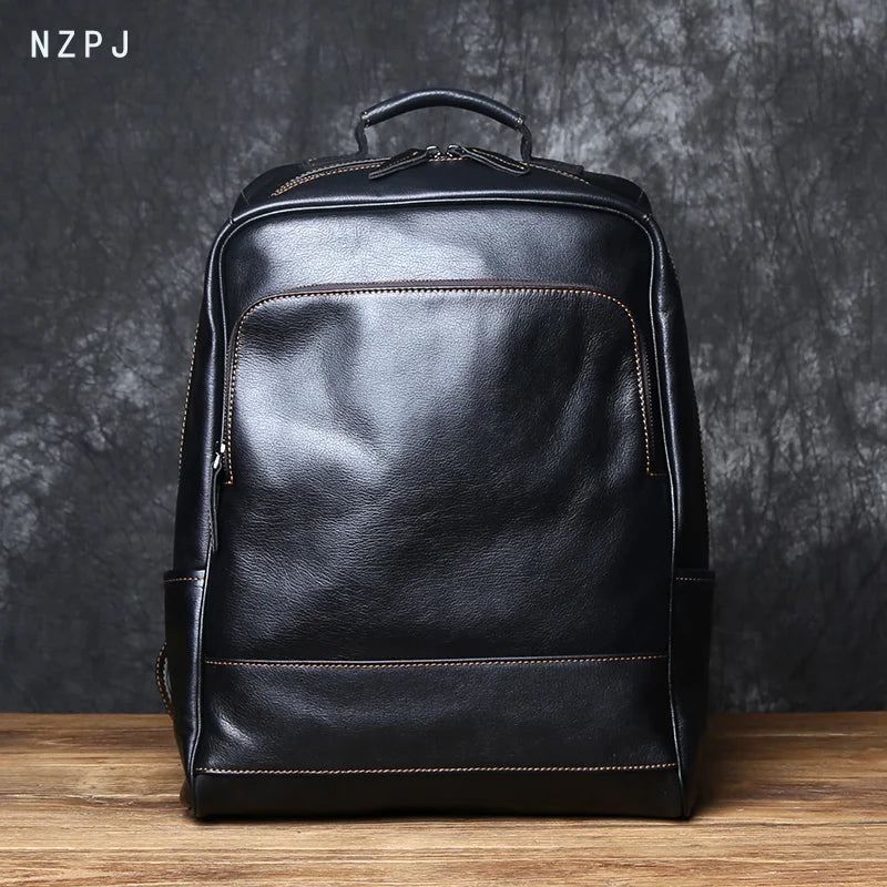 Men's Genuine Leather Backpack – Handmade Natural Cowhide, Full Leather Back Panel, 15.6" Laptop