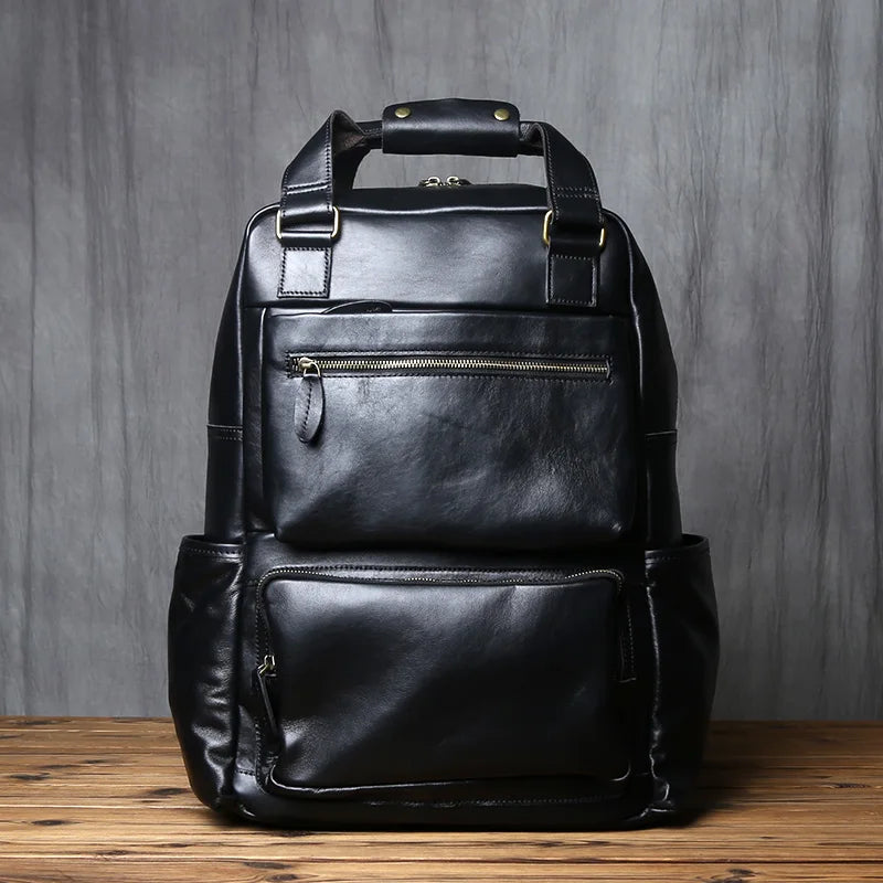 Men's Crazy Horse Leather Backpack – Retro Top-Layer Cowhide, 17" Laptop, Large Capacity