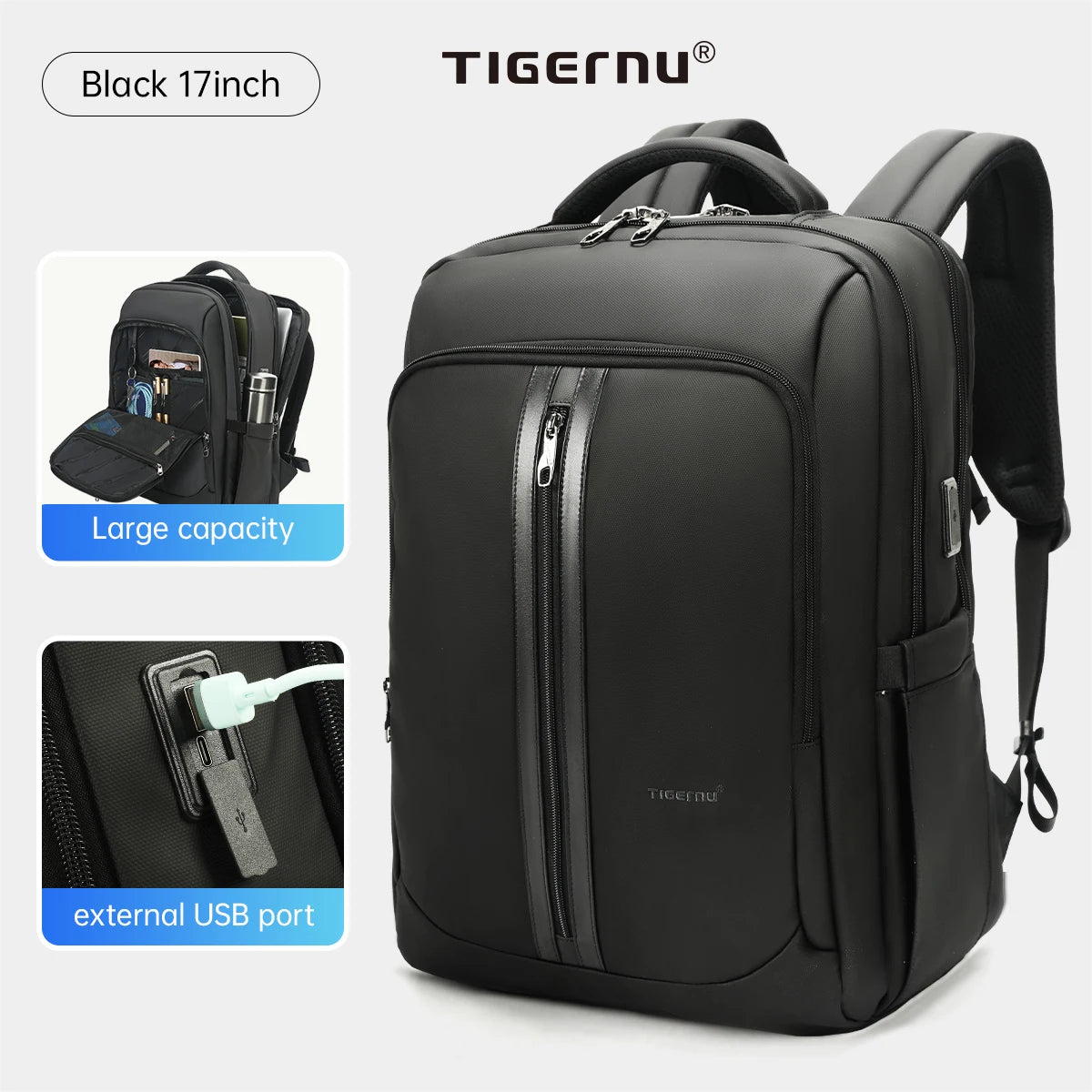 Tigernu Leather Composite Backpack – Two Sizes, USB Charging, Anti-Theft, Reflective Stripe