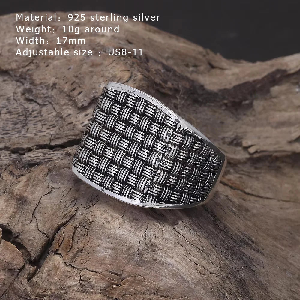 925 Sterling Silver Vintage Braided Square Statement Ring for Men Thai Silver Retro Cool Punk Fashion Jewelry Accessories
