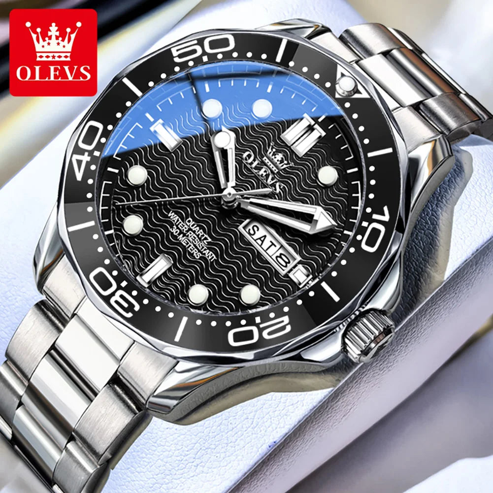 OLEVS Luxury Man Watch Fashion Rotation Bezel Diving Series Original Quartz Wrist Watch for Men Dual Calendar Waterproof Watches