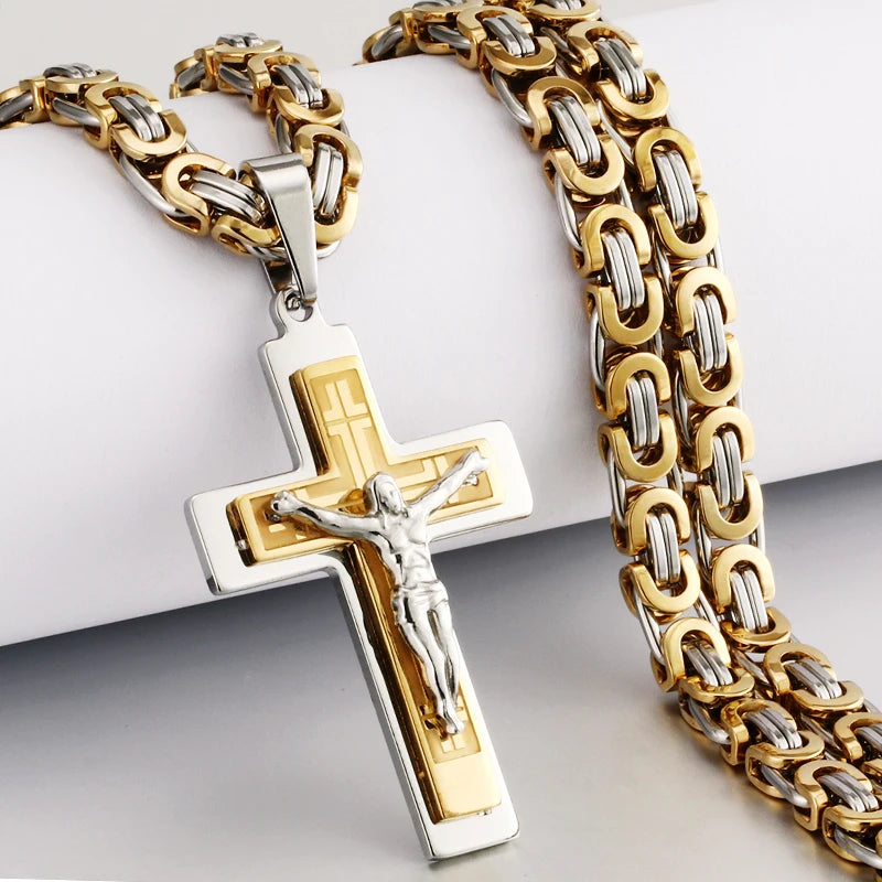 Men's Heavy Crucifix Cross Pendant Necklace – Stainless Steel Byzantine Chain