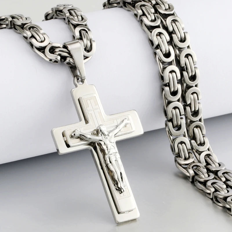 Men's Heavy Crucifix Cross Pendant Necklace – Stainless Steel Byzantine Chain