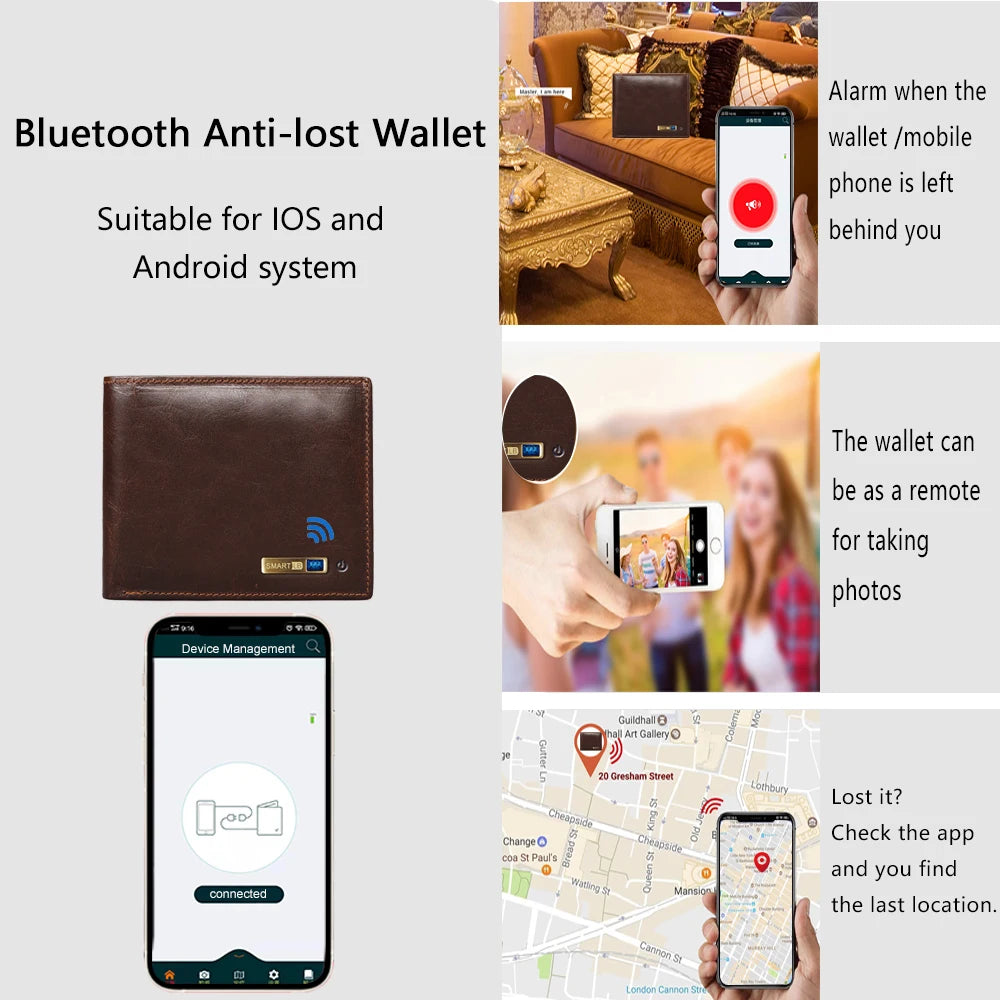 Smart Tracker Genuine Leather Bifold Wallet – Anti-Loss