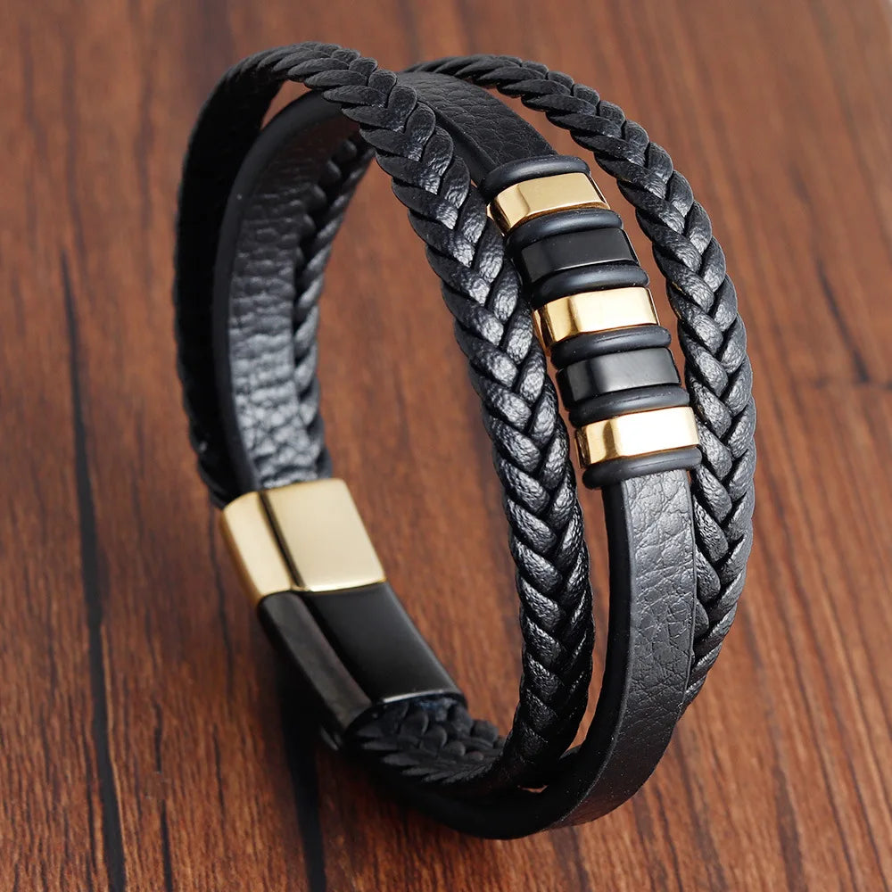 Men's Braided Leather Rope Bracelet – Stainless Steel Magnetic Clasp, Multi-Colour