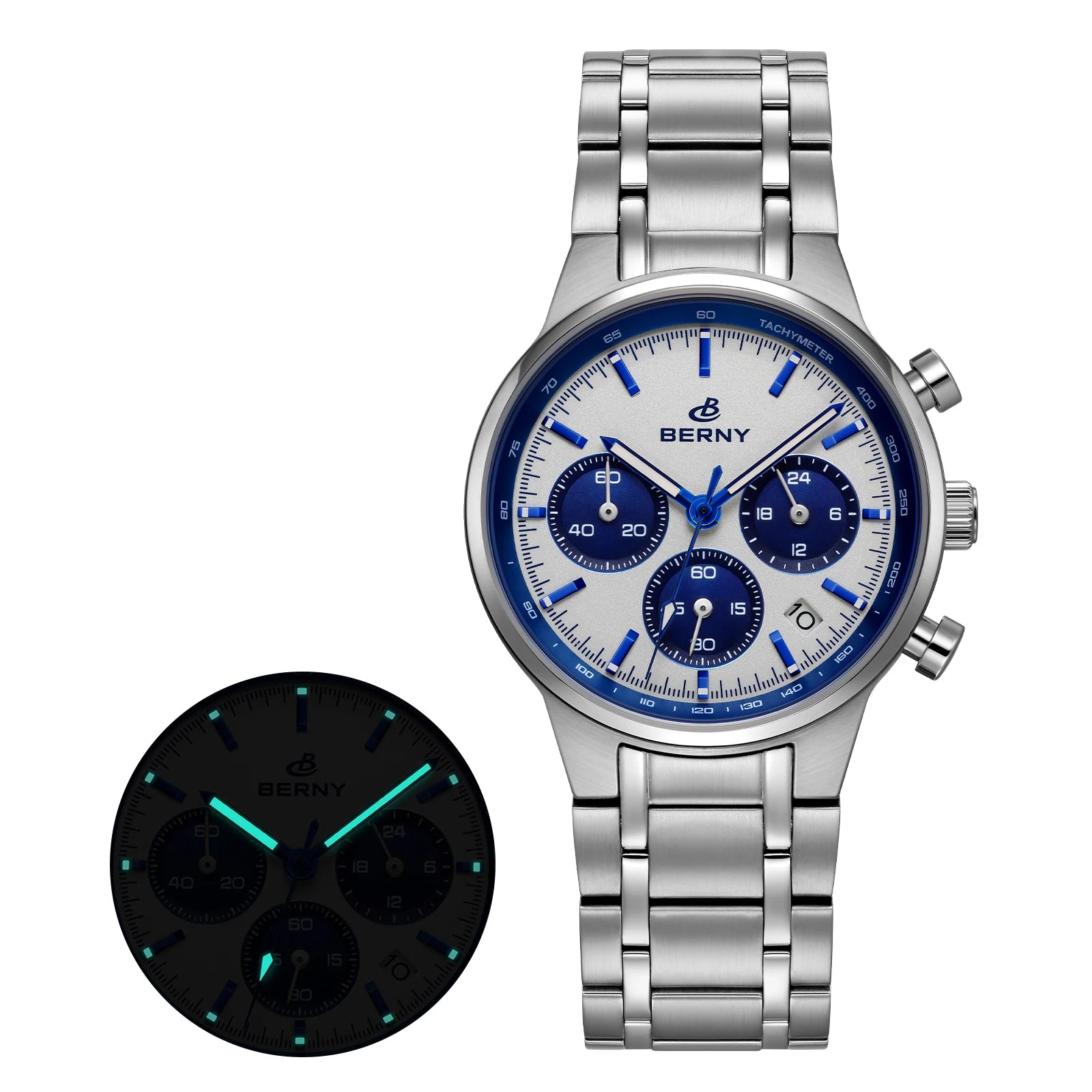BERNY 2825M Quartz Chronograph Watch – Panda Dial, Sapphire-Coated Crystal, 38mm Stainless Steel