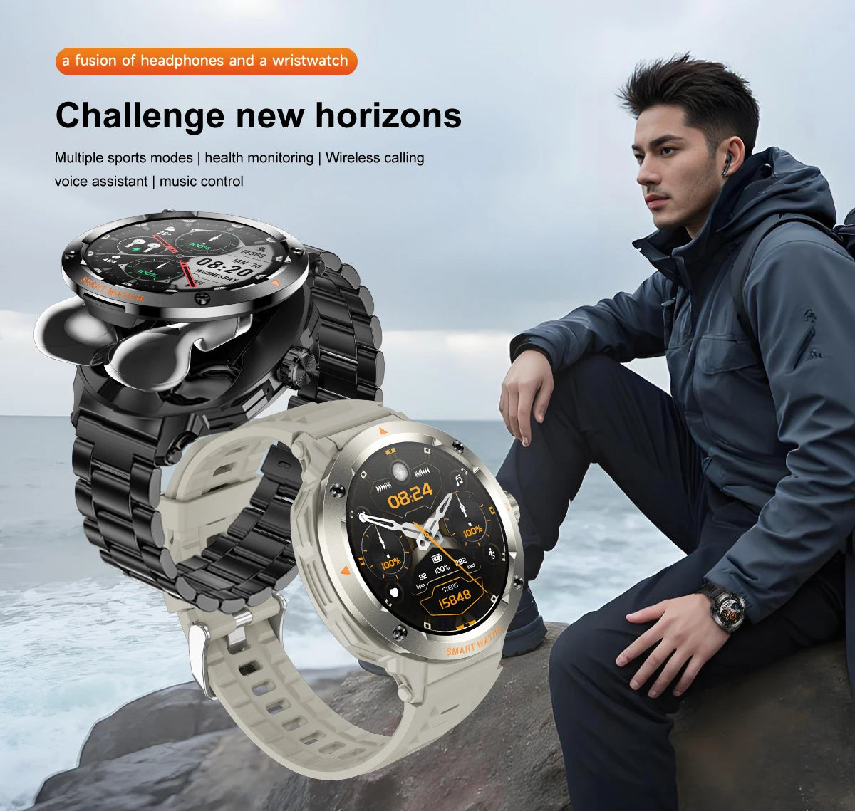 2-in-1 Smartwatch & Bluetooth Earbuds | NFC, GPS Tracking, Heart Rate & Music