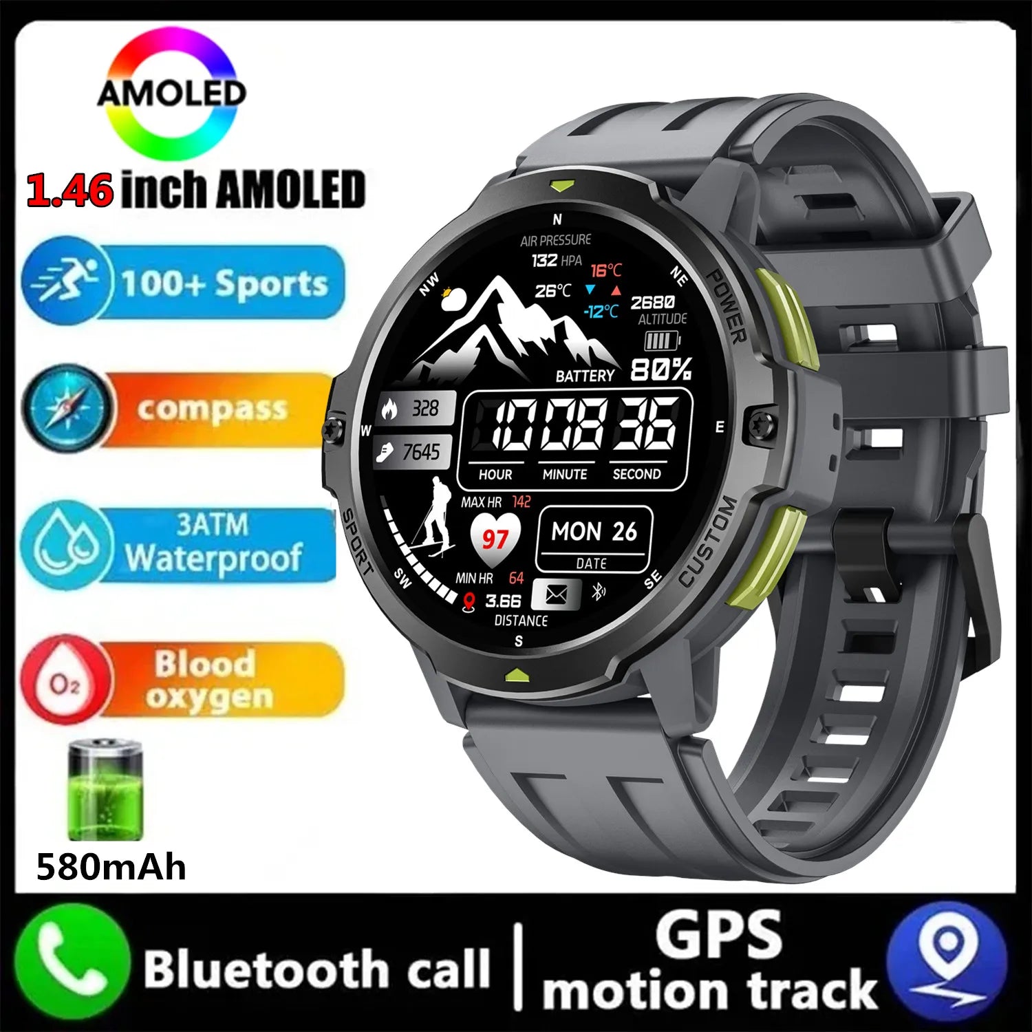 Hiwego GPS Outdoor Smartwatch | 1.46" AMOLED, Barometric Altimeter, Compass & 5ATM