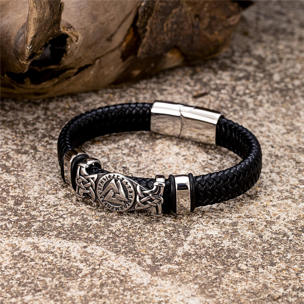 Vintage Handmade Norse Runes Valknut Bracelet Men Stainless Steel Vikings Celtic Knot Amulet Leather Bangle Scandinavian Jewelry