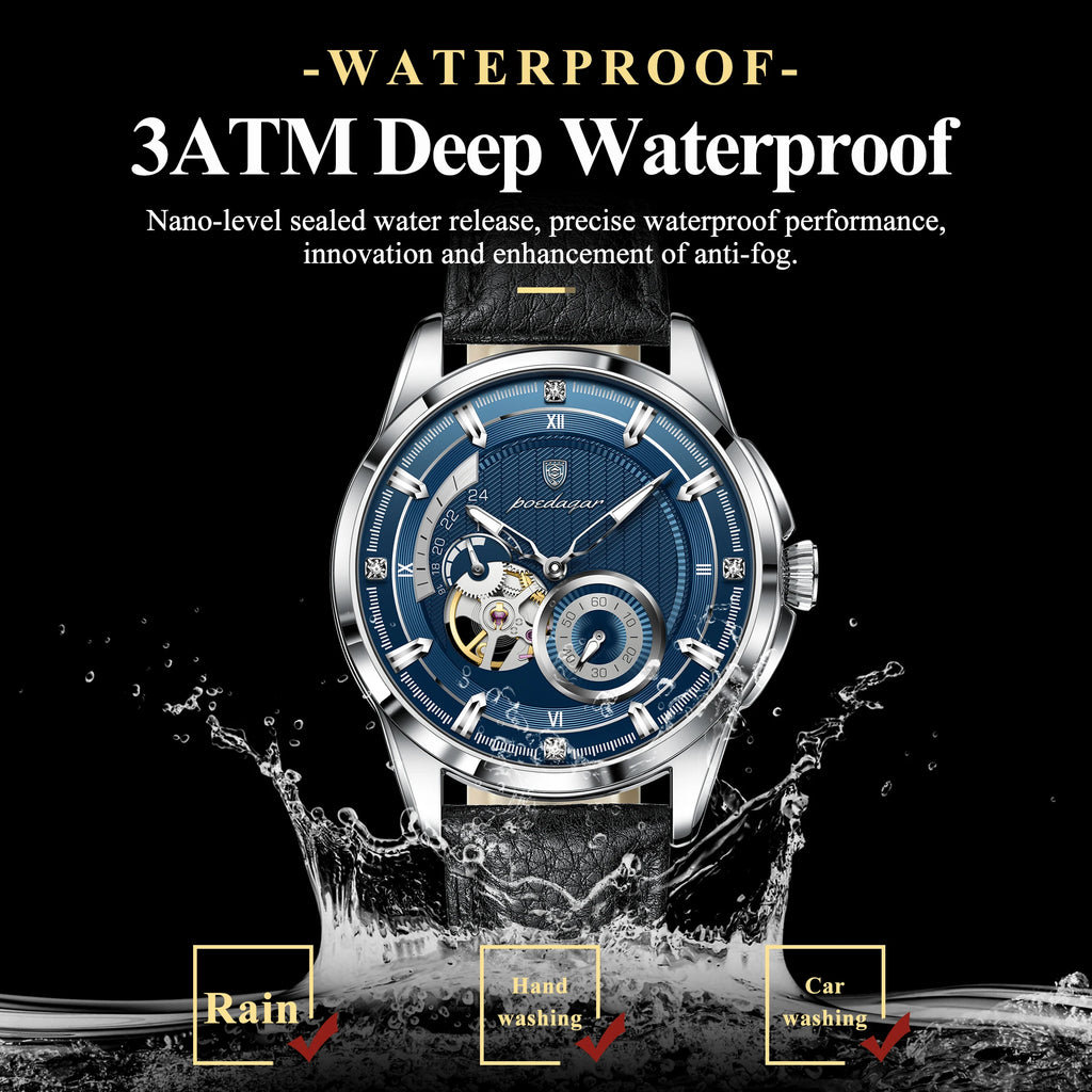 POEDAGAR High Quality Luxury Men Watch Fashion Hollow Tourbillon Man Clock Automatic Mechanical Leather Men's Watches Male Reloj
