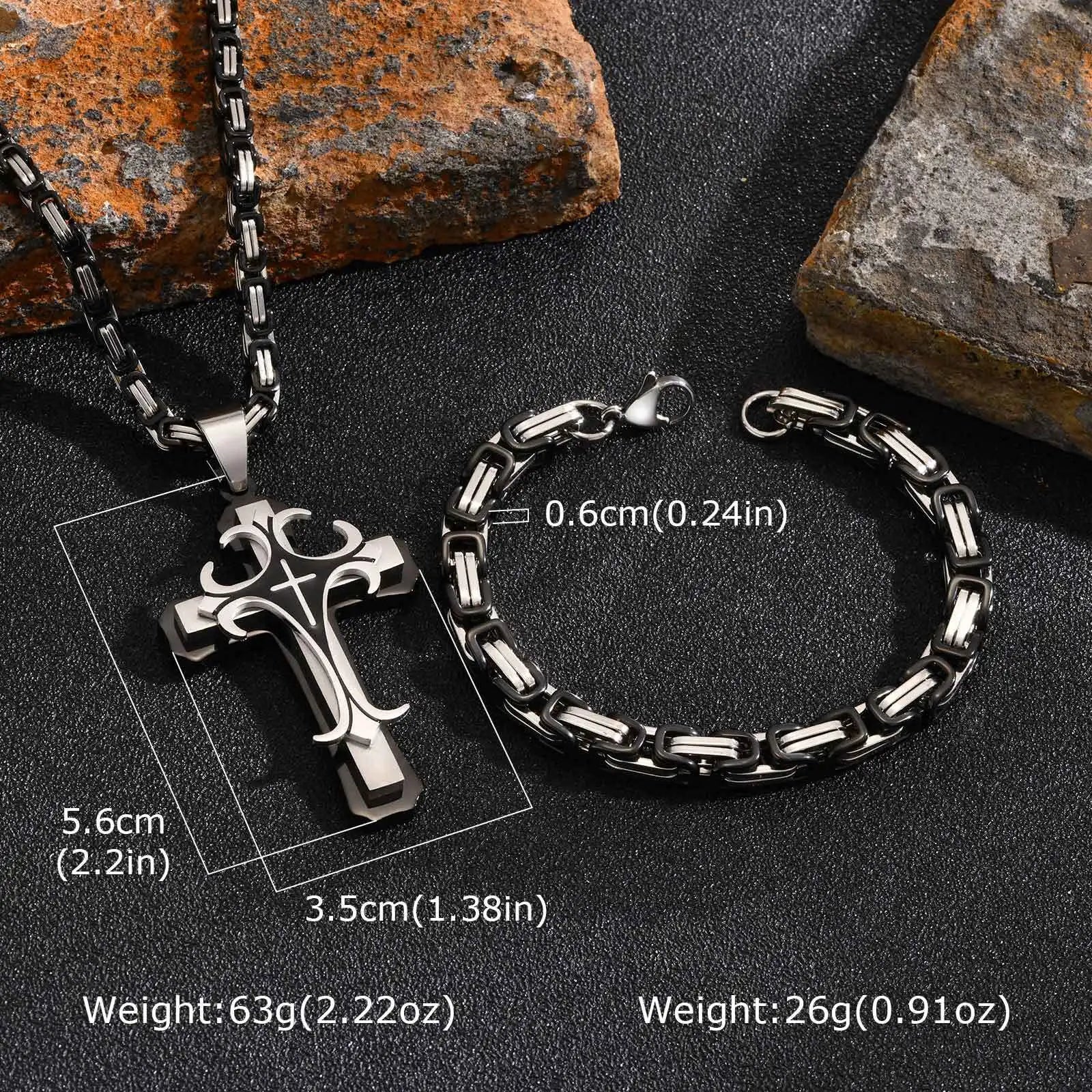 Men's Cross Pendant Necklace & Byzantine Bracelet Set – Stainless Steel