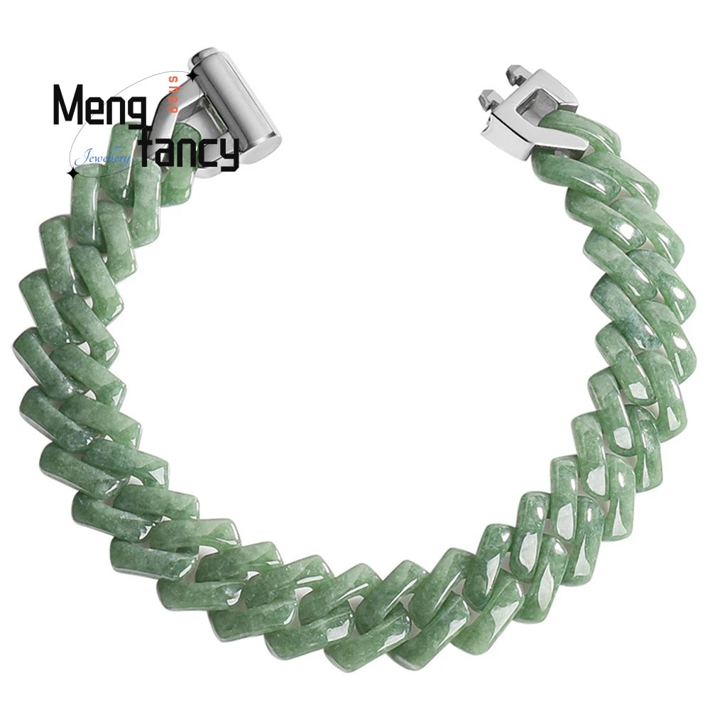 Jade Bean Green Blue Water Rhombus Cuban Chain Bracelet Necklace Jade Titanium Steel Hip - Hop Style Trendy Fashion Luxury Jewel