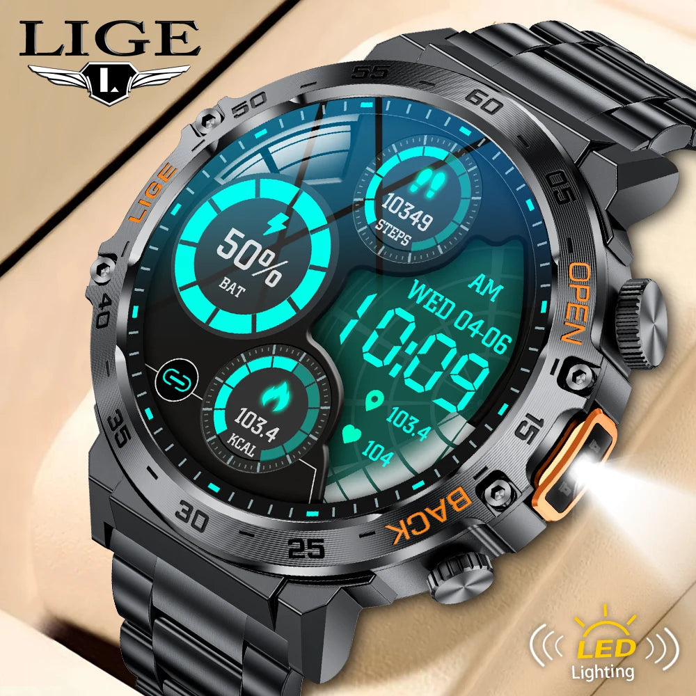 LIGE Smart Watch – 1.53" Round, 50-Day Standby, LED Flashlight, SOS, Bluetooth Calling, IP68