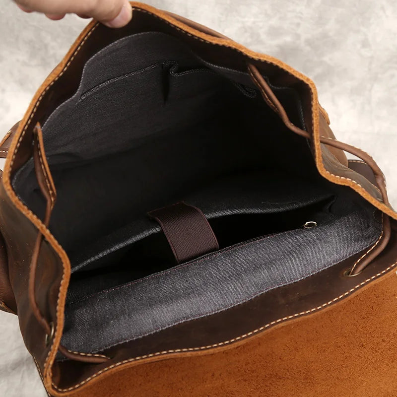 Men's Crazy Horse Leather Backpack – Flap Cover, Magnetic Buckle, Leather-Lined Straps