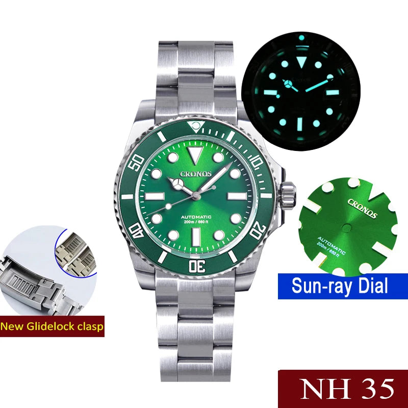 Cronos L6015 40mm Dive Watch – NH35, Ceramic Bezel, BGW9 Lume, 200m, Glidelock Clasp