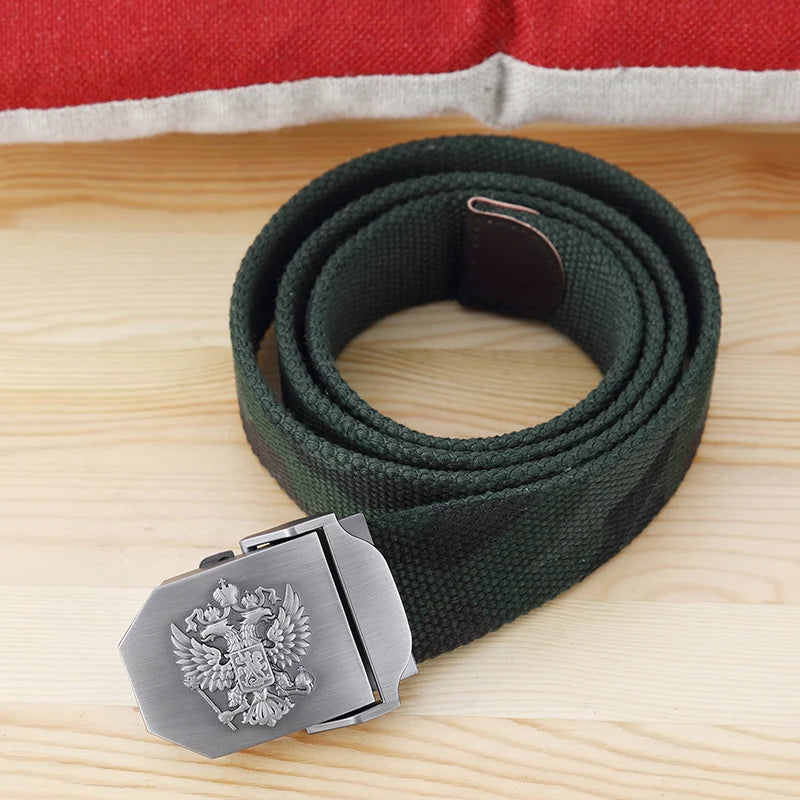 Men's Canvas Military Belt – Russian Emblem Silver Buckle