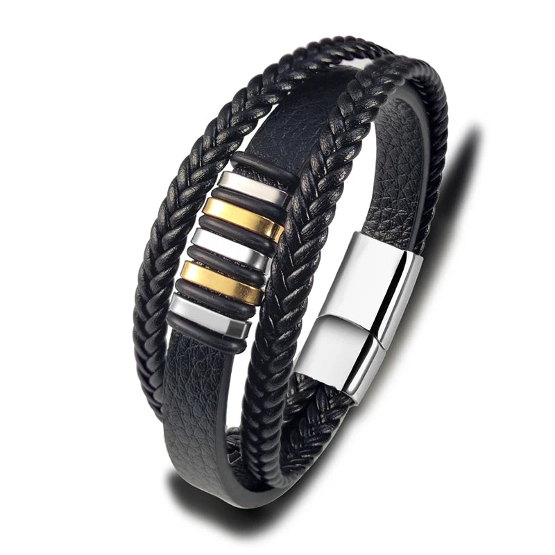 Men's Classic Leather Charm Bracelet – Stainless Steel Bead Bangle