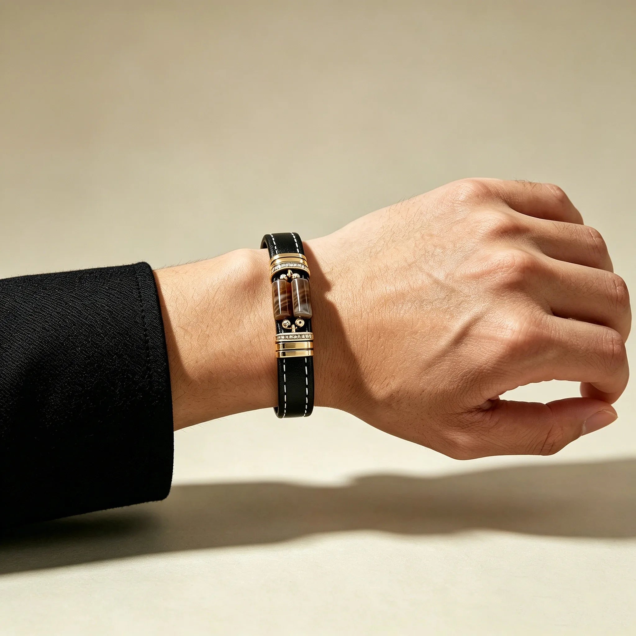 Luxury Tiger's Eye Bracelet for Men, Multilayer Black Leather Wristband with Paved CZ Magnetic Buckle, Business Casual Jewelry