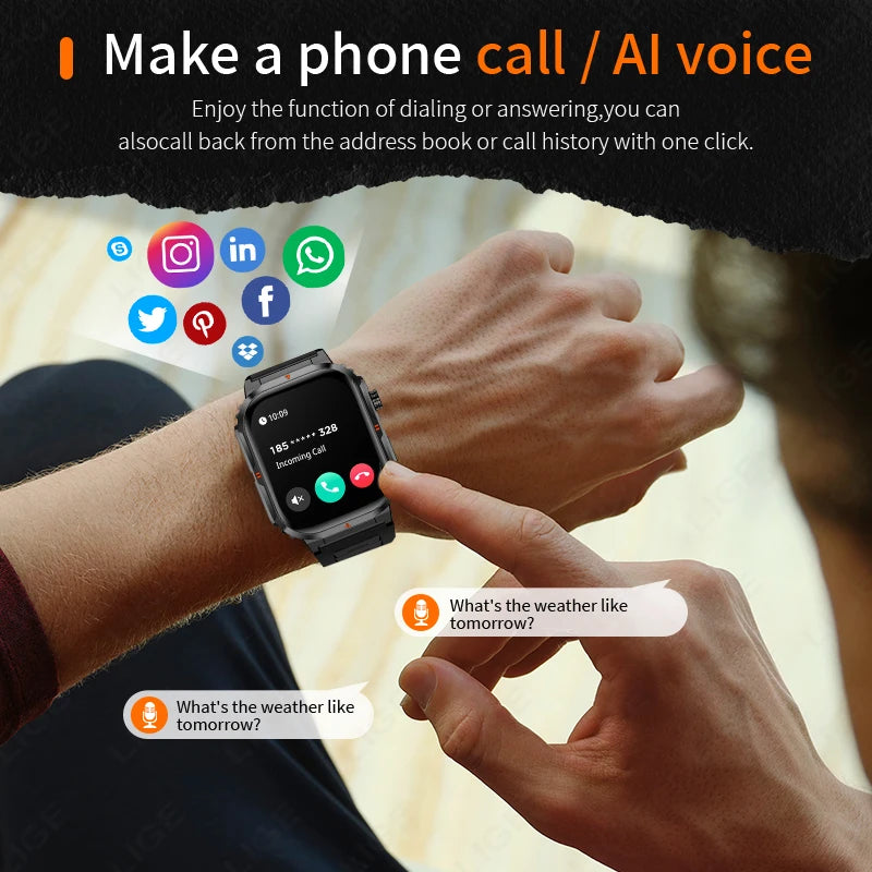 LIGE Smart Watch – 2.01" Display, Flashlight, 40-Day Standby, Bluetooth Calling, IP68