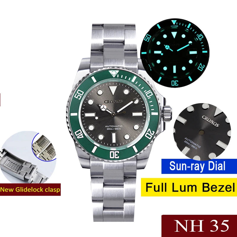 Cronos L6015 40mm Dive Watch – NH35, Ceramic Bezel, BGW9 Lume, 200m, Glidelock Clasp