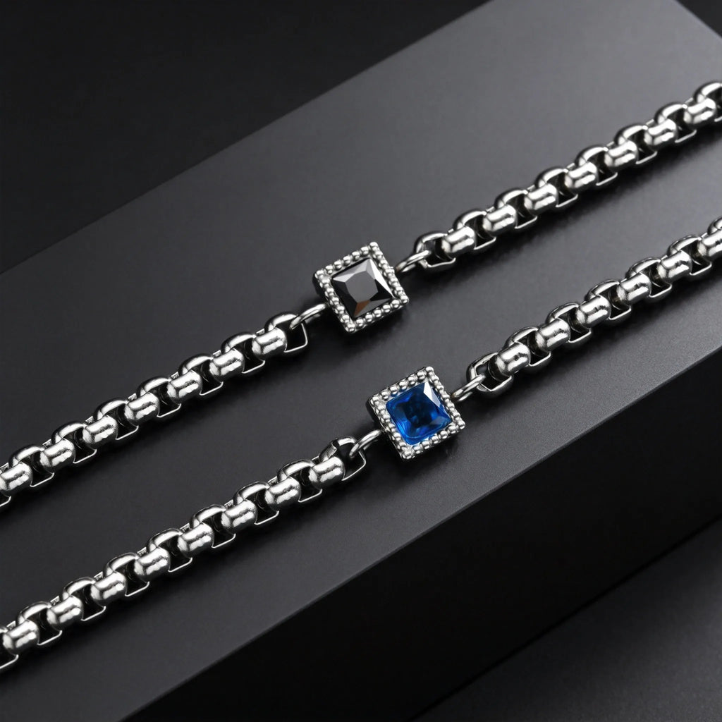 Men's Zircon Charm Bracelet, 4mm Square Chain Stainless Steel Bracelets, Fashion Waterproof Jewelry Gift for Men