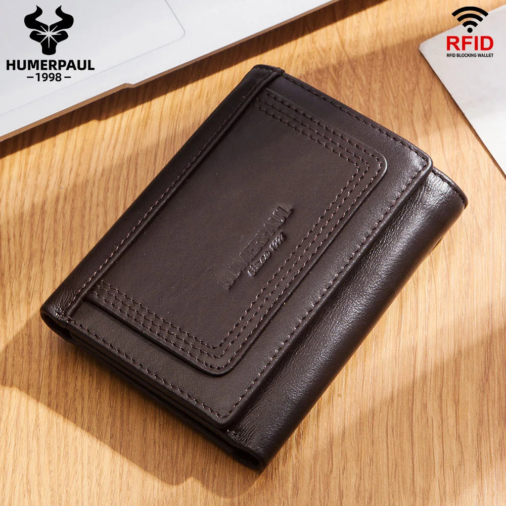 HUMERPAUL Genuine Leather Trifold Wallet – RFID Blocking, Coin Pocket & Card Holder