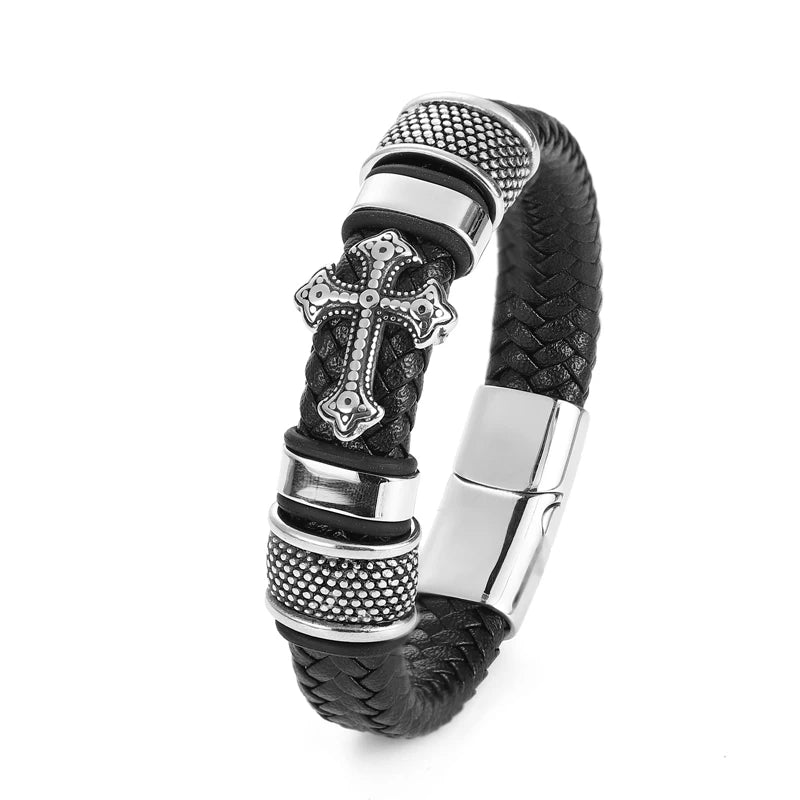 Men's Cross Charm Leather Bracelet – Vacuum-Plated Stainless Steel