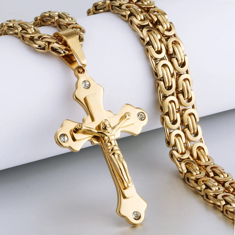 Men's Heavy Crucifix Cross Pendant Necklace – Stainless Steel Byzantine Chain