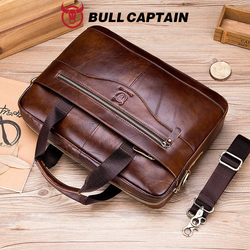 BULLCAPTAIN Genuine Leather Briefcase | 14" Laptop Shoulder & Messenger Bag