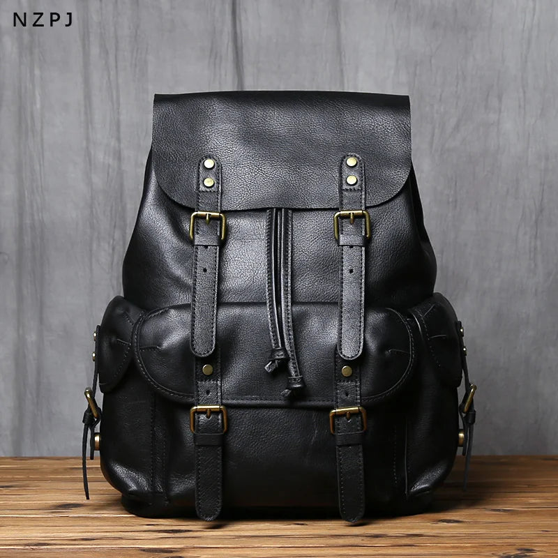 Men's Genuine Leather Backpack – Natural Cowhide, Rivet Detail, Drawstring Closure, Laptop