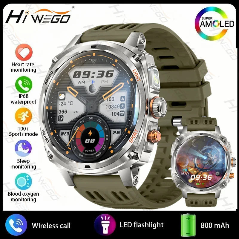 Hiwego Outdoor Smartwatch | 800mAh, 1.75" AMOLED, IP68, GPS & LED Flashlight