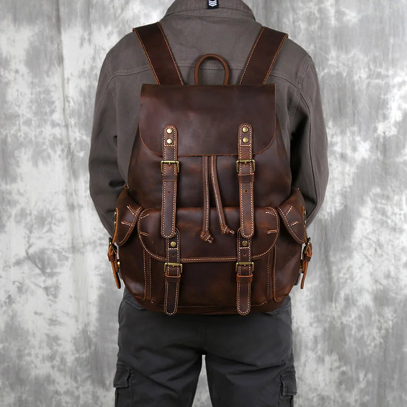 Men's Crazy Horse Leather Backpack – Flap Cover, Magnetic Buckle, Leather-Lined Straps