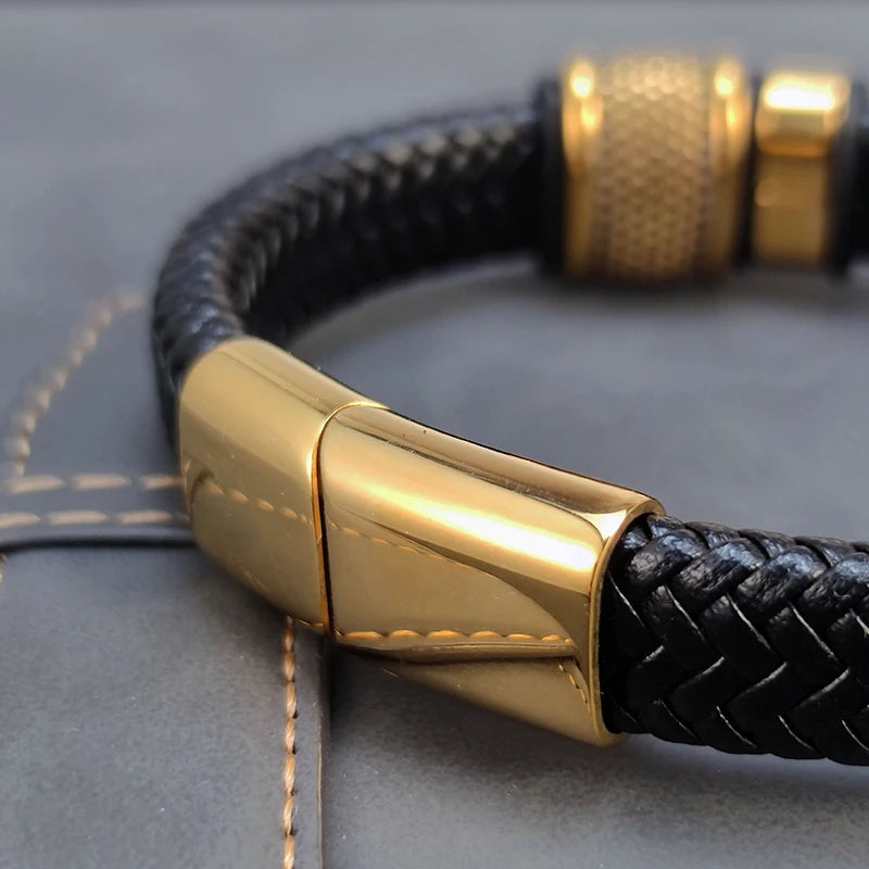 MingAo 2025 Fashion Vacuum Plating Gold Single Layer Cross Leather Bracelet  Charm Bracelet Men's Hand Jewelry for Women