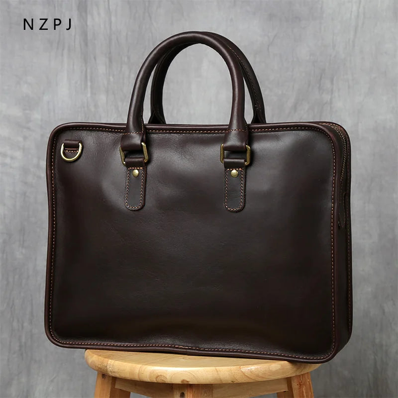 Men's Genuine Leather Briefcase – Slim Cowhide, Back iPad Pocket, Alloy Hardware, 14" Laptop