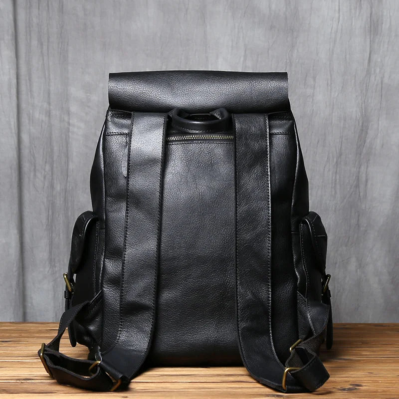 Men's Genuine Leather Backpack – Natural Cowhide, Rivet Detail, Drawstring Closure, Laptop