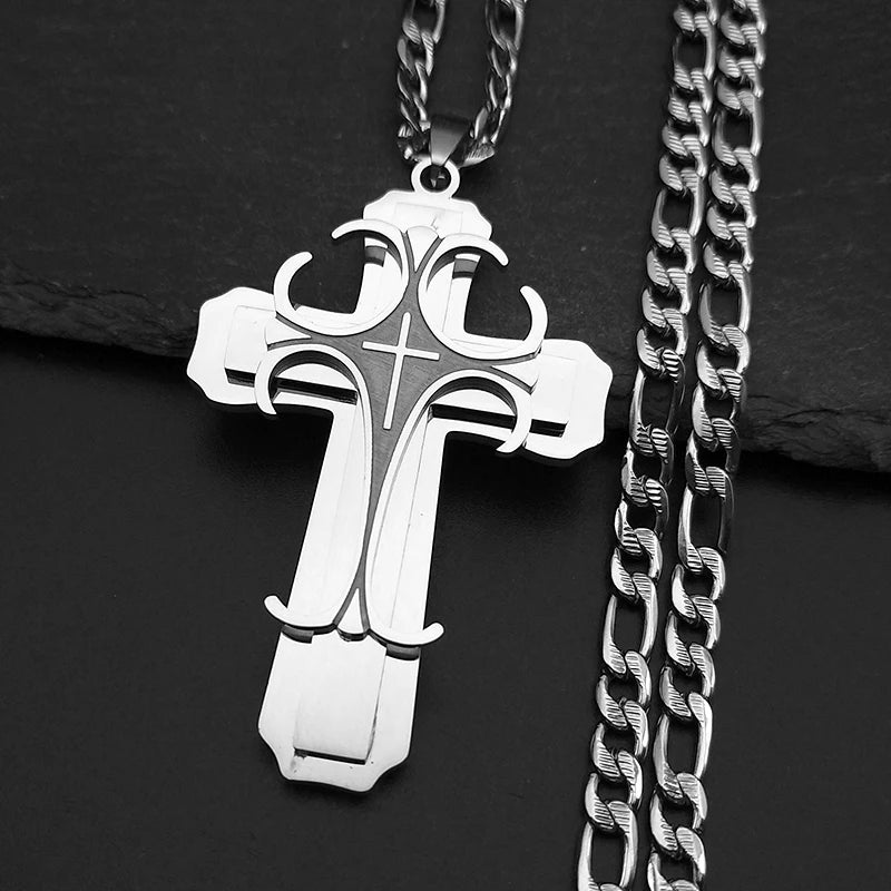Men's Multilayer Cross Pendant Necklace – Hip-Hop Stainless Steel, Gold & Silver