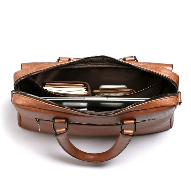 Men's PU Leather Briefcase | 14" Laptop Bag with Exterior Flap Pocket