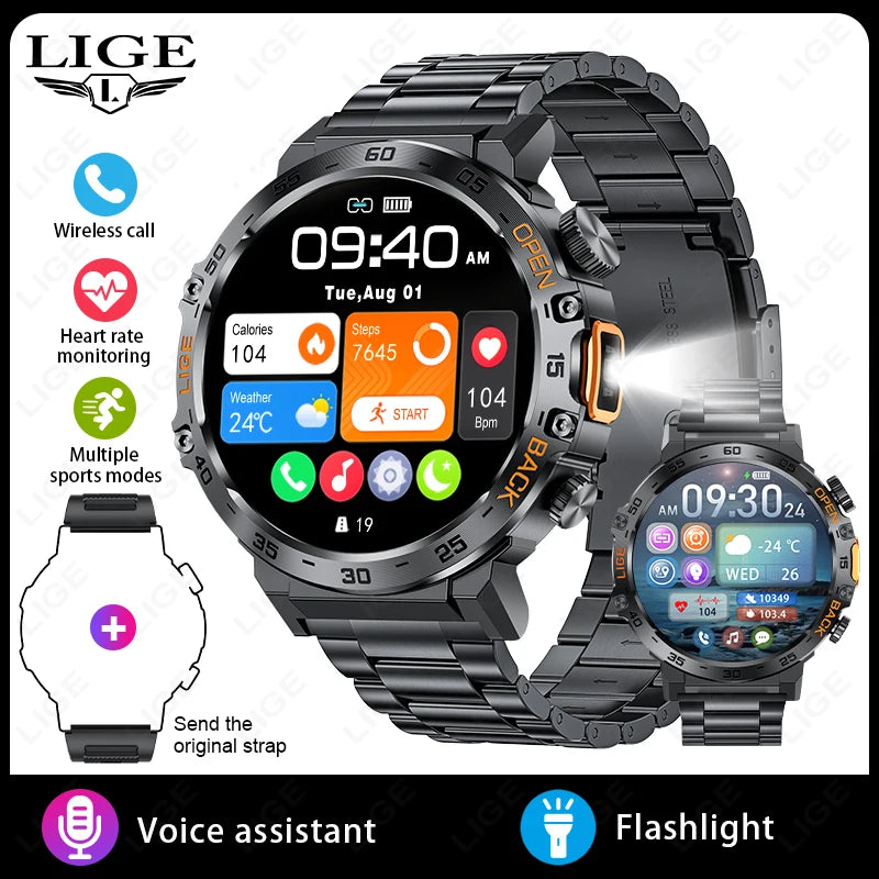 LIGE Smart Watch – 1.53" Round, 50-Day Standby, LED Flashlight, SOS, Bluetooth Calling, IP68