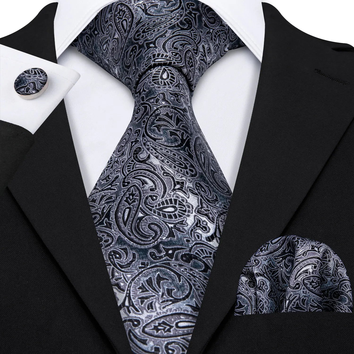 Hi-Tie Men's Silk Necktie Gift Set – Tie, Pocket Square, Cufflinks & Clip | Extended 160cm