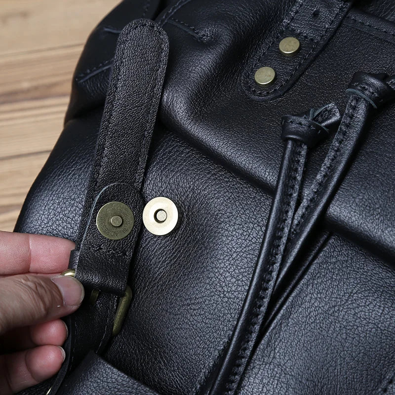 Men's Genuine Leather Backpack – Natural Cowhide, Rivet Detail, Drawstring Closure, Laptop
