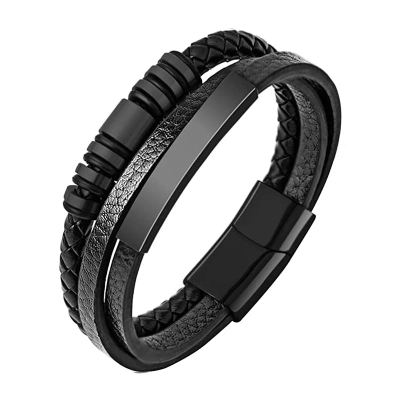 Men's Stainless Steel Bead & Multilayer Leather Bracelet – Classic Beaded Bangle