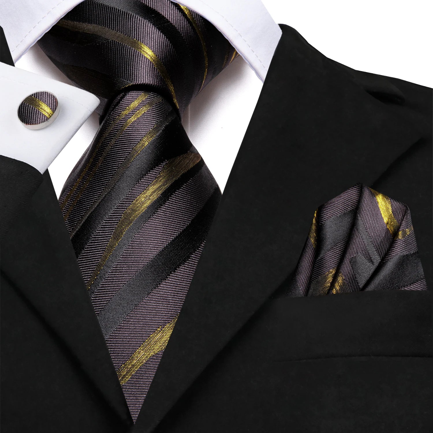 Hi-Tie Men's Striped Silk Necktie Set – Tie, Pocket Square & Cufflinks | Extra Long 170cm