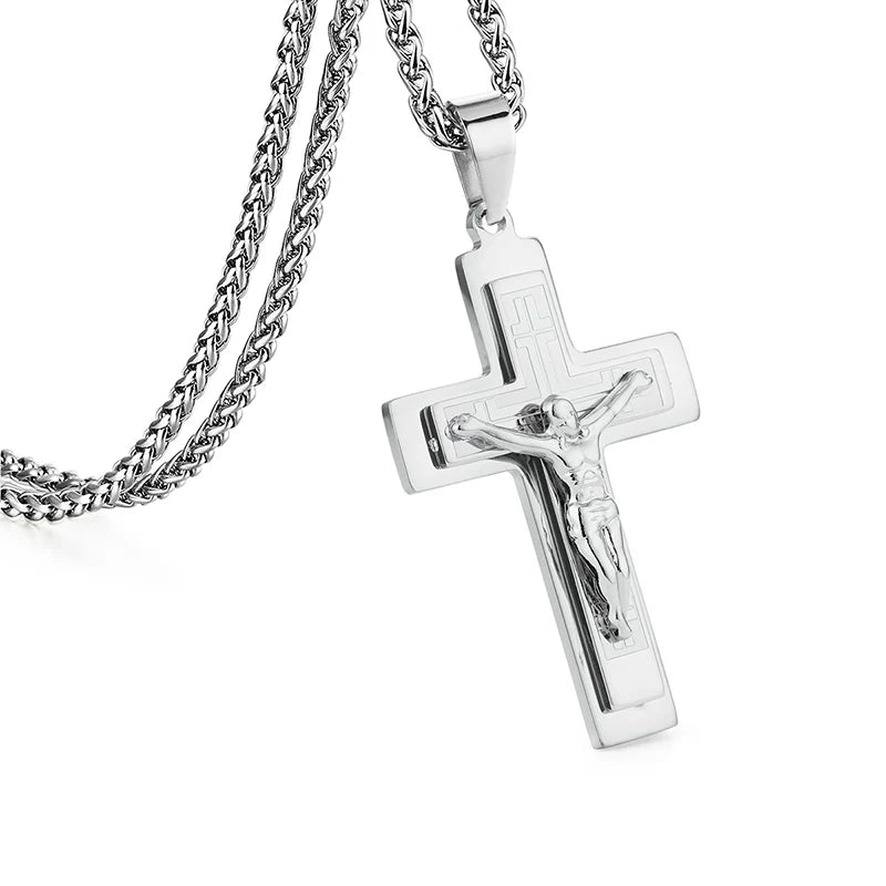 Men's Jesus Cross Pendant Necklace – Long Byzantine Chain, Stainless Steel, Religious