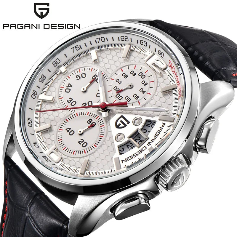 Pagani Design RPD-3306 Quartz Chronograph Watch – 44.5mm, Leather Strap, Date Display