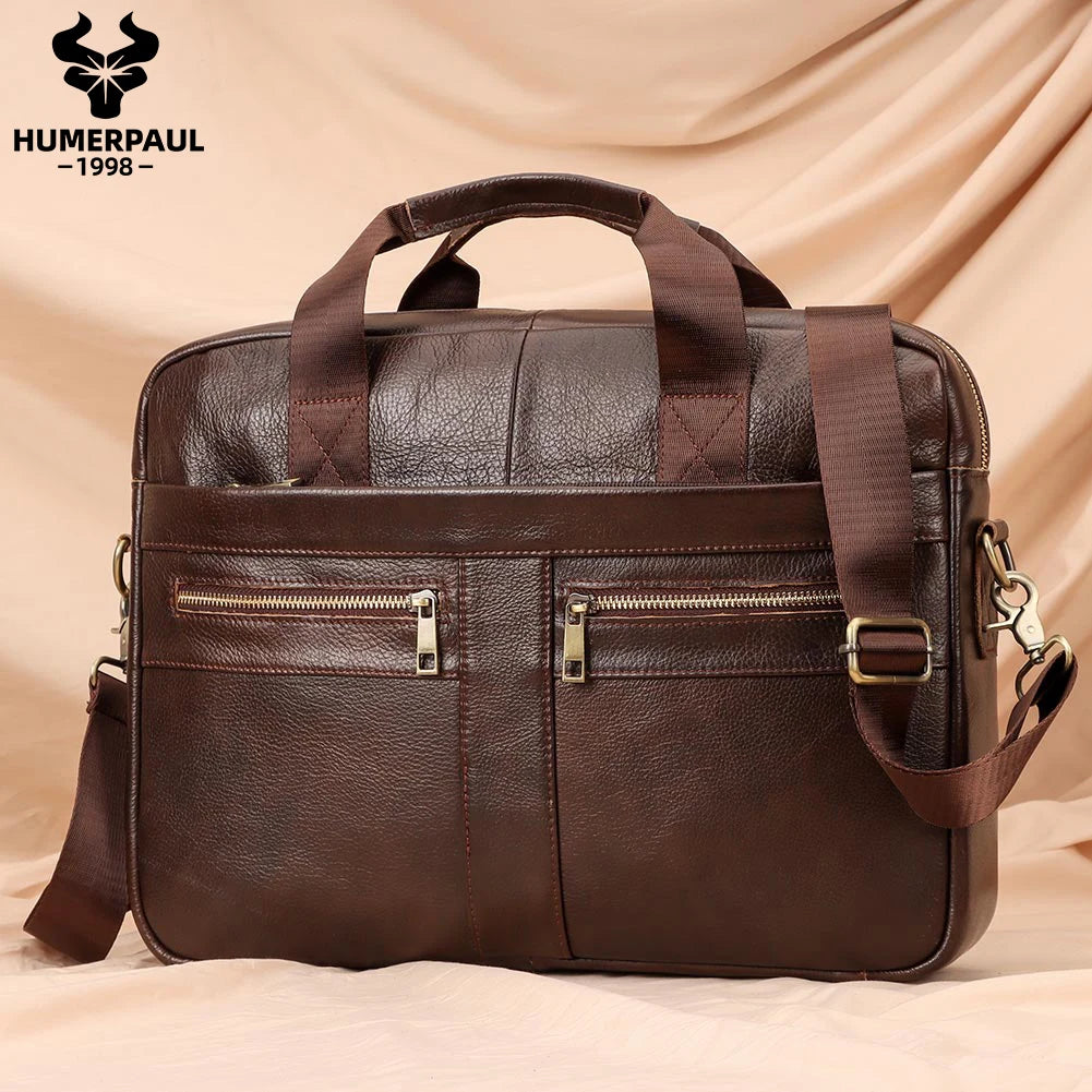 HUMERPAUL Genuine Leather Briefcase | 14" Laptop Shoulder & Messenger Bag