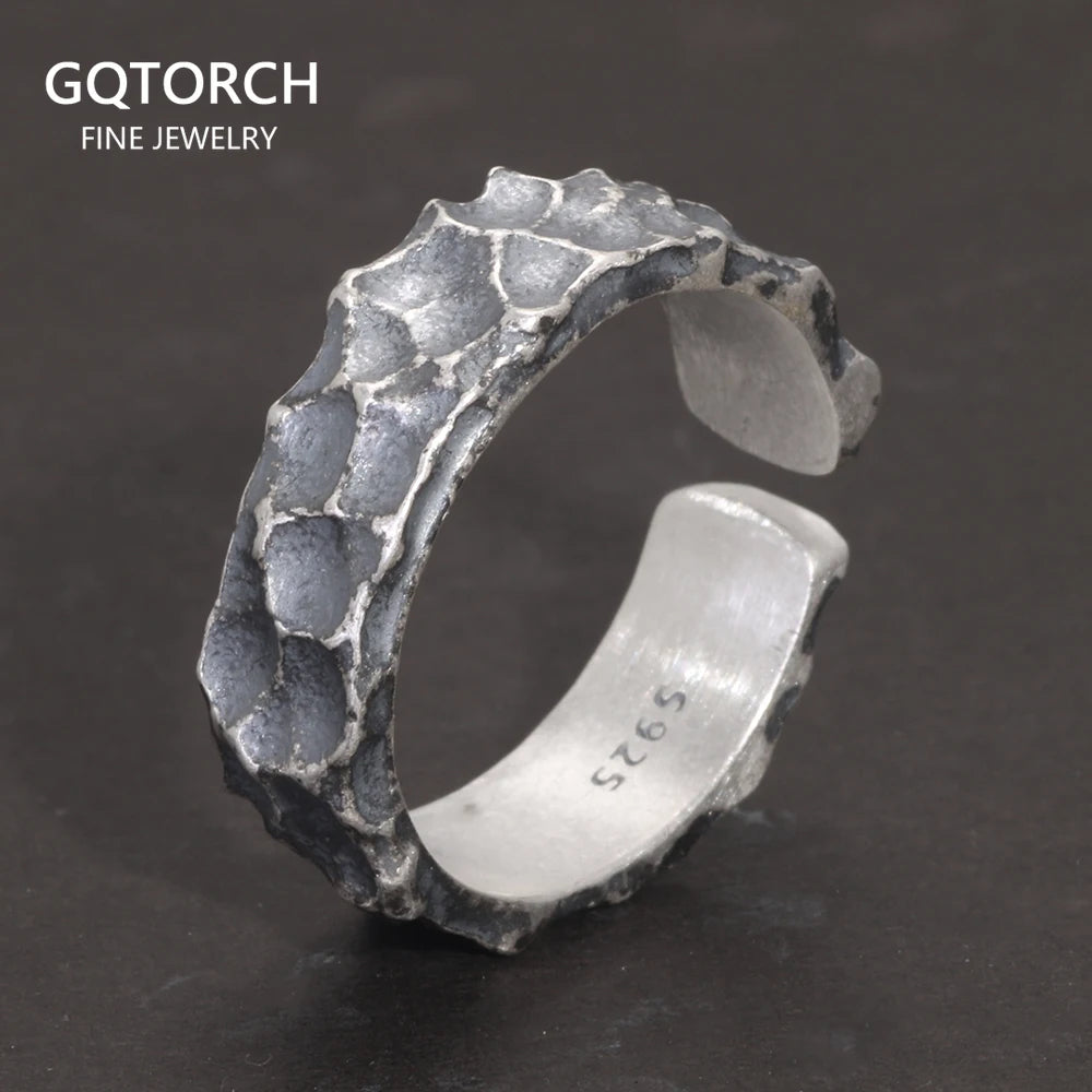 Real 925 Sterling Silver Mens Rings Open Type Hammer Pattern Retro Punk Viking Jewelry Resizable